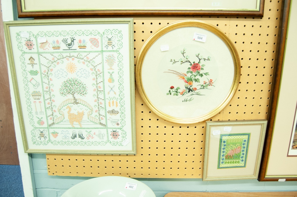 TWO MODERN FRAMED NEEDLEWORK SAMPLERS AND A CHINESE CIRCULAR EMBROIDERY, EXOTIC BIRD ON A SHRUB (3)