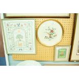 TWO MODERN FRAMED NEEDLEWORK SAMPLERS AND A CHINESE CIRCULAR EMBROIDERY, EXOTIC BIRD ON A SHRUB (3)