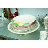 FOUR LARGE MEAT DISHES, MADDOCK AND SONS 'VICTOR', SIMPSONS 'AMBASSADOR' WARE, CAMBRIDGE AND A FRUIT