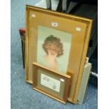 BRIAN PORTER DRAWING 'WEASEL' A FRAMED COLOUR PRINT 'LADY' AND TWO OTHER PICTURES (4)