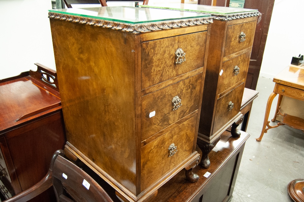 A PAIR OF BURR WALNUTWOOD BEDSIDE PEDESTALS, EACH OF THREE GRADUATED DRAWERS WITH GILT METAL