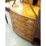 GEORGIAN STYLE BURR WALNUTWOOD BOW FRONTED CHEST OF FOUR GRADUATED COCKBEADED DRAWERS, WITH SWAN