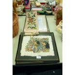 A NEEDLEWORK TAPESTRY BELL PULL, THREE FRAMED PIECES OF PAPYRUS, PLANT EGYPTIAN AND GEESE AND A