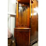 AN EARLY TWENTIETH CENTURY BEECHWOOD BOW FRONTED LOW CABINET, ALSO A REPRODUCTION YEW TREE WOOD