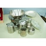 AN OLD HALL STAINLESS STEEL TEA AND COFFEE SET, TRAY, PEWTER BEAKER ETC,...