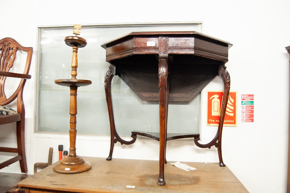 A REPRODUCTION OCTAGONAL TOP HALF GATELEG TABLE AND AN OAK SMOKERS COMPANION