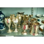 SET OF ENGRAVED EP WINE GOBLETS with waisted stems, TWO PINT TANKARDS, TWO PAIRS OF STEM WINE