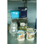 A GREEN ONYX BOX WITH HINGED LID, AYNSLEY COMMEMORATIVE MUG, JUBILEE MUG AND TWO EDINBURGH LEAD