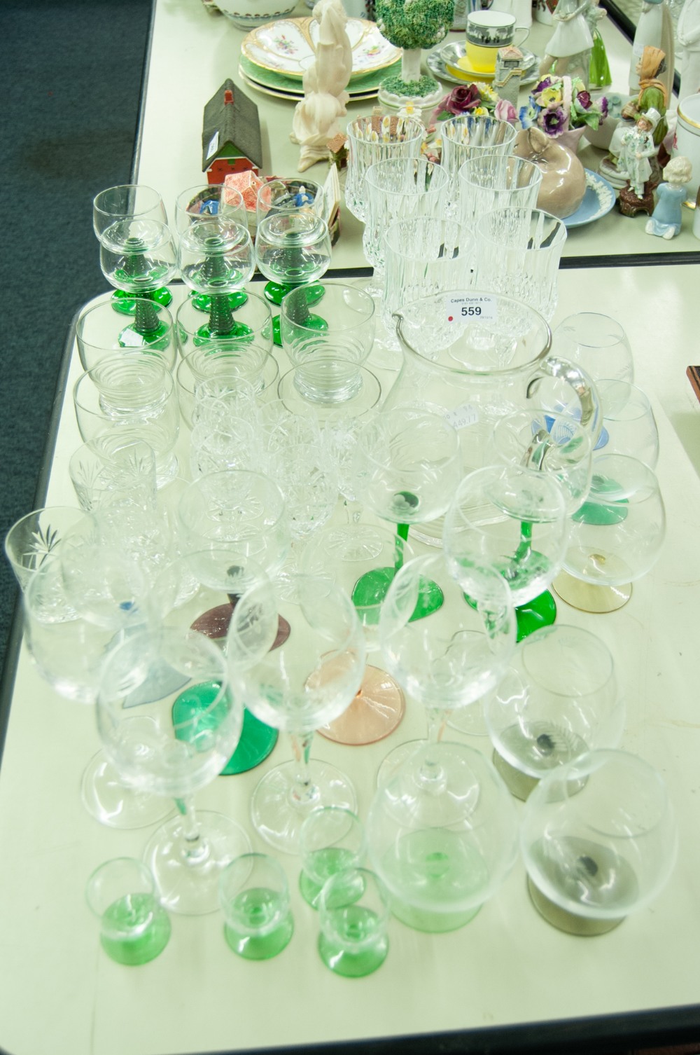 SET OF SIX RUMMERS WITH GREEN, RIBBED CONICAL STEMS, A QUANTITY OF STEM GLASSES AND TUMBLERS AND A