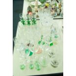 SET OF SIX RUMMERS WITH GREEN, RIBBED CONICAL STEMS, A QUANTITY OF STEM GLASSES AND TUMBLERS AND A