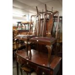 A PAIR OF QUEEN ANNE STYLE DINING CHAIRS, TWO INLAID BEDROOM CHAIRS, A PIANO STOOL WITH LIFT-UP