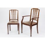 A SET OF SIX MAHOGANY DINING CHAIRS WITH BOX WOOD AND EBONY CHEQUERED LINE INLAY, EACH WITH FIVE