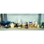 A SELECTION OF GLASS PAPERWEIGHTS, CRESTED CHINA, DEVON POTTERY, OTHER CHAMBER STICKS AND SUNDRY