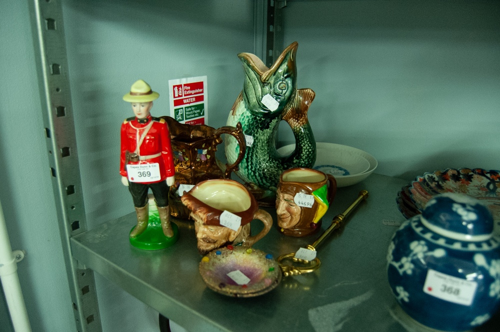 CERAMICS- TWO SMALL ROYAL DOULTON CHARACTER JUGS, 'JESTER' and 'DRAKE', MAJOLICA FISH JUG, COPPER