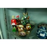 CERAMICS- TWO SMALL ROYAL DOULTON CHARACTER JUGS, 'JESTER' and 'DRAKE', MAJOLICA FISH JUG, COPPER