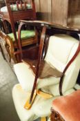 AN EDWARDIAN MAHOGANY AND INLAID TWO TIER SIDE TABLE, ON CABRIOLE SUPPORTS