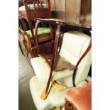 AN EDWARDIAN MAHOGANY AND INLAID TWO TIER SIDE TABLE, ON CABRIOLE SUPPORTS