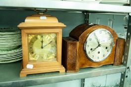 AN ART DECO MANTEL CLOCK IN ARCHITECTURAL CASE WITH SILVERED DIAL AND A MODERN SEIKO CARRIAGE MANTEL