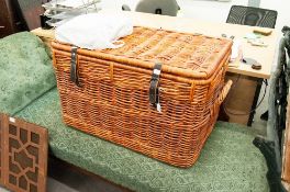 LARGE WICKER TRUNK, WICKER BASKET AND A WICKER CARPET BEATER