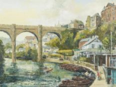 BARRY CLAUGHTON (LEEDS) OIL PAINTING ON BOARD 'Knaresborough, Blenkhorn's Boat Hire' Signed lower