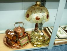 A COLLECTION OF BRASS AND COPPER WARES, CANDLESTICKS, HORSE BRASSES ETC....