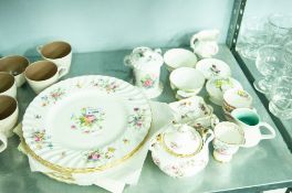 EIGHT MINTON 'MARLOW' DINNER PLATES, ROYAL ALBERT 'DIMIT ROSE' TWO HANDLE BOWL AND COVER, AND