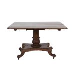 WILLIAM IV FIGURED MAHOGANY BREAKFAST TABLE, the rounded oblong tilt top above a heavy tapering