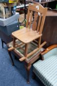 AN EDWARDIAN MAHOGANY GATELEG TABLE, A PIANO STOOL ON CABRIOLE SUPPORTS AND A CHILD'S ROCKING