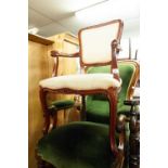 BEECHWOOD FRENCH STYLE OPEN ARM EASY CHAIR, ON CABRIOLE FRONT SUPPORTS