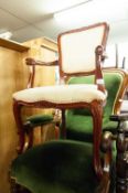 BEECHWOOD FRENCH STYLE OPEN ARM EASY CHAIR, ON CABRIOLE FRONT SUPPORTS