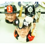 THREE ROYAL DOULTON TOBY JUGS; VIZ TOWN CRIER, THE LONDON BOBBY, THE FIREMAN