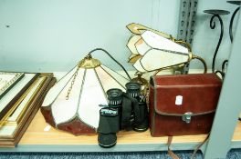 TIFFANY STYLE CEILING LIGHT AND MATCHING PAIR OF WALL LIGHTS, CASED BINOCULARS AND A CUT AND SMALL