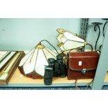 TIFFANY STYLE CEILING LIGHT AND MATCHING PAIR OF WALL LIGHTS, CASED BINOCULARS AND A CUT AND SMALL