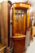 AN EARLY TWENTIETH CENTURY BEECHWOOD BOW FRONTED LOW CABINET, ALSO A REPRODUCTION YEW TREE WOOD