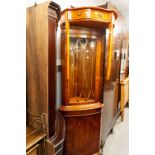 AN EARLY TWENTIETH CENTURY BEECHWOOD BOW FRONTED LOW CABINET, ALSO A REPRODUCTION YEW TREE WOOD