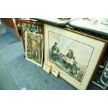 OAK FRAMED FIRE SCRENE WITH FLORAL WOOLWORK CENTRE, VICTORIAN WATERCOLOUR AND PHOTOGRAPHIC