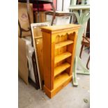 PINE BOOKCASE, HAVING FOUR SHELVES AND THREE VARIOUS WALL MIRRORS