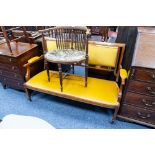EDWARDIAN INLAID ROSEWOOD AND MAHOGANY DRAWING ROOM SETTEE, with olde gold plush covered seat,