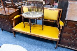 EDWARDIAN INLAID ROSEWOOD AND MAHOGANY DRAWING ROOM SETTEE, with olde gold plush covered seat,