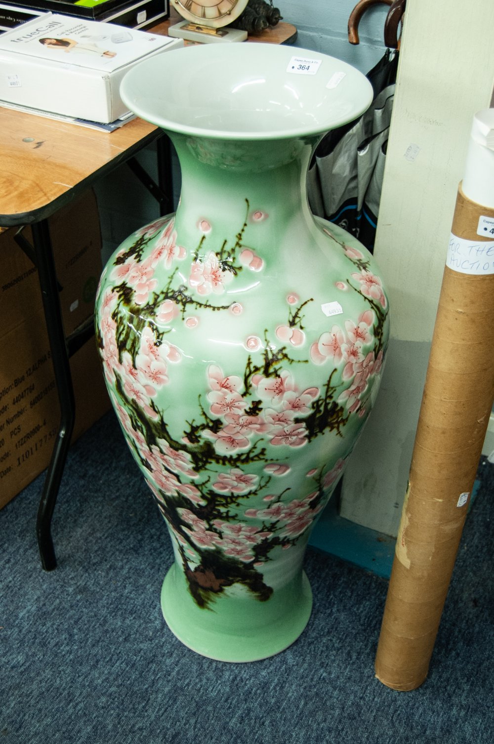 A TALL MODERN ORIENTAL PRUNUS BLOSSOM DECORATED VASE 35" high