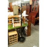 AN EBONISED STANDARD LAMP, A PAIR OF OAK BEDROOM SINGLE CHAIRS AND A STRING TOP STOOL (4)