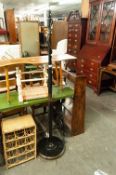 AN EBONISED STANDARD LAMP, A PAIR OF OAK BEDROOM SINGLE CHAIRS AND A STRING TOP STOOL (4)