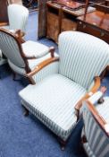 PAIR OF FRENCH STYLE EASY OPEN ARMCHAIRS, with moulded and carved show-wood frames, AND A LATER