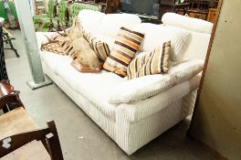 A MODERN DFS THREE SEATER SETTEE IN WHITE PLUSH CORD FABRIC, DITTO TWO SEATER SETTEE, AN ARMCHAIR