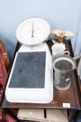 SET OF LARGE SCALES 'THE BATHROOM No 220'; DUTCH PEWTER JUG AND FIVE VARIOUS CERAMIC ITEMS (7)