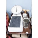 SET OF LARGE SCALES 'THE BATHROOM No 220'; DUTCH PEWTER JUG AND FIVE VARIOUS CERAMIC ITEMS (7)