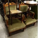 A VICTORIAN LADIES WALNUTWOOD OPEN ARMCHAIR, WITH OVER STUFFED SEAT, BACK AND ARMS AND A MATCHING