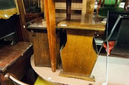 AN OAK PLY LARGE PERIODICAL RACK/COFFEE TABLE AND A STAINED PINE STOOL