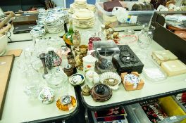 MIXED LOT TO INCLUDE; GLASSES WARES, CERAMICS, CUT GLASS PRESERVE JAR, JUGS, CAKESTAND, TABLE