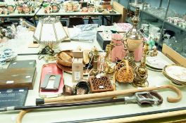 VARIOUS WOODEN ITEMS; TABLE LAMPS, WALKING STICKS ETC....